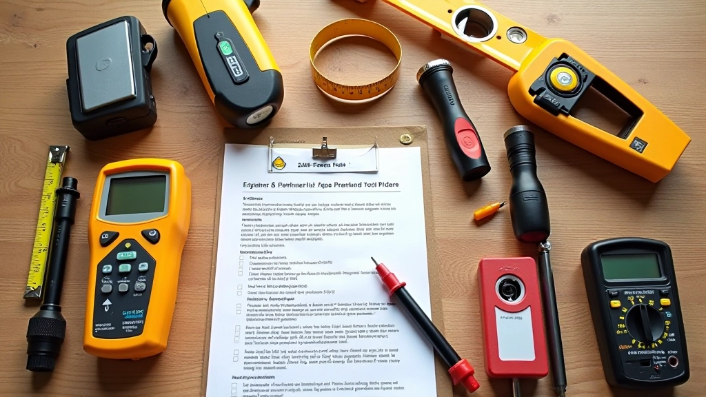 Набор инструментов на столе: влагомер, уровень, тестер и другие приборы для проверки квартиры