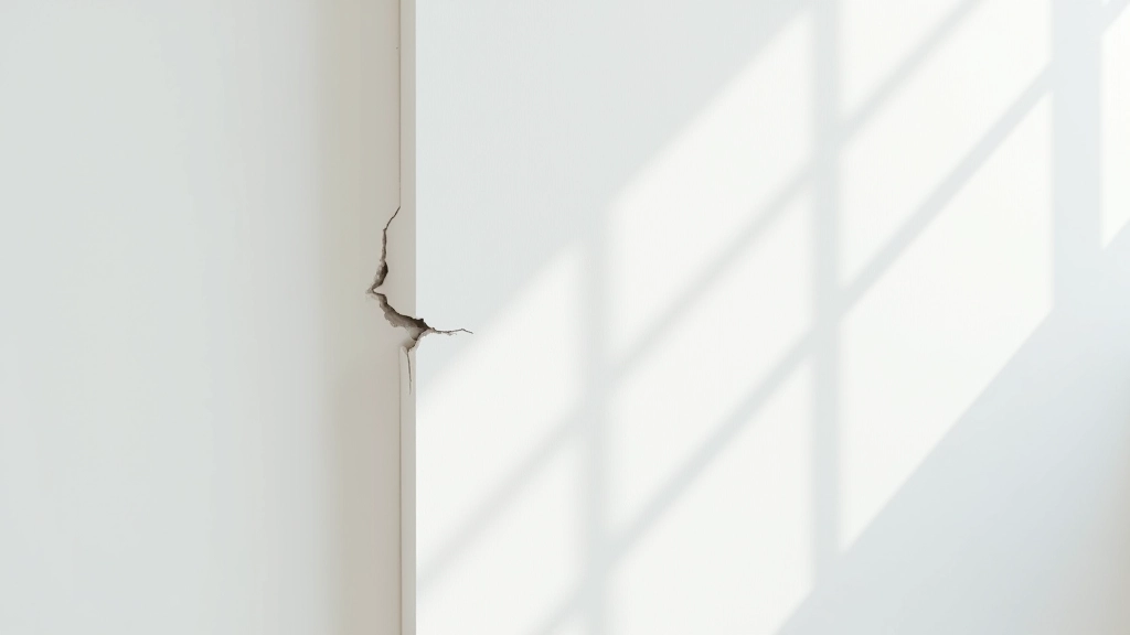 Трещина в углу комнаты, видимая на белой стене, пример структурного дефекта