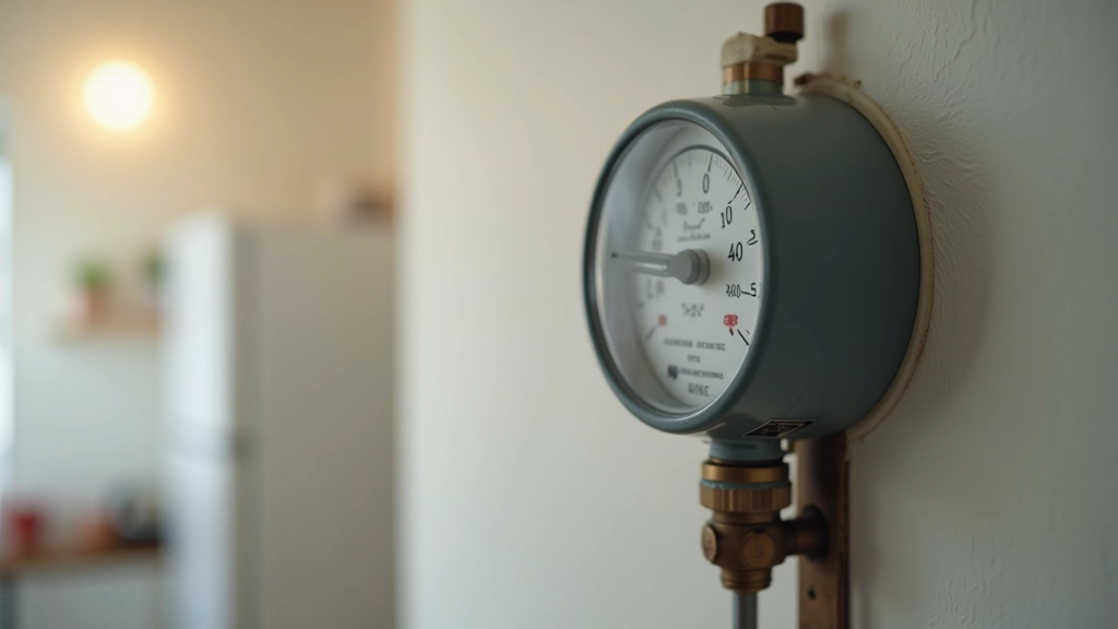 Газовый счётчик на стене кухни с видимым серийным номером и пломбой