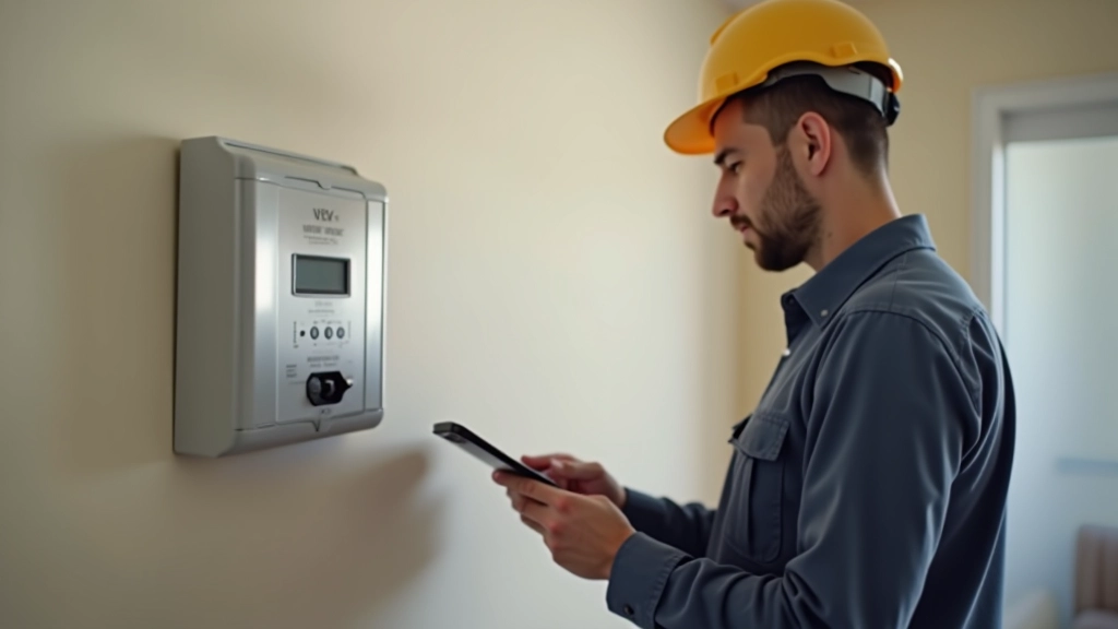 Техник проверяет показания электросчётчика перед составлением акта приёма-передачи