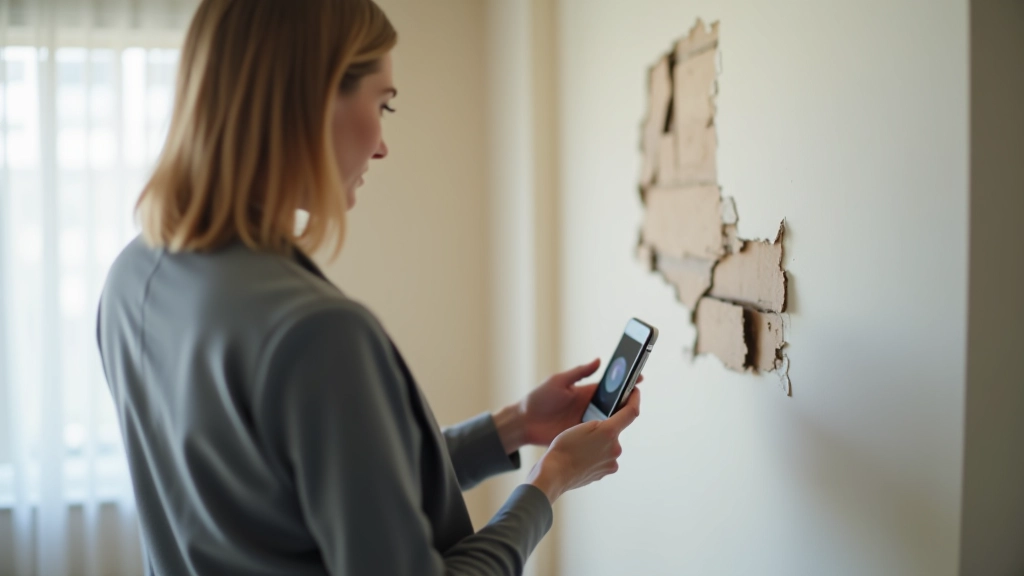 Инспектор документирует повреждения на стене, делая фото для акта приёма-передачи